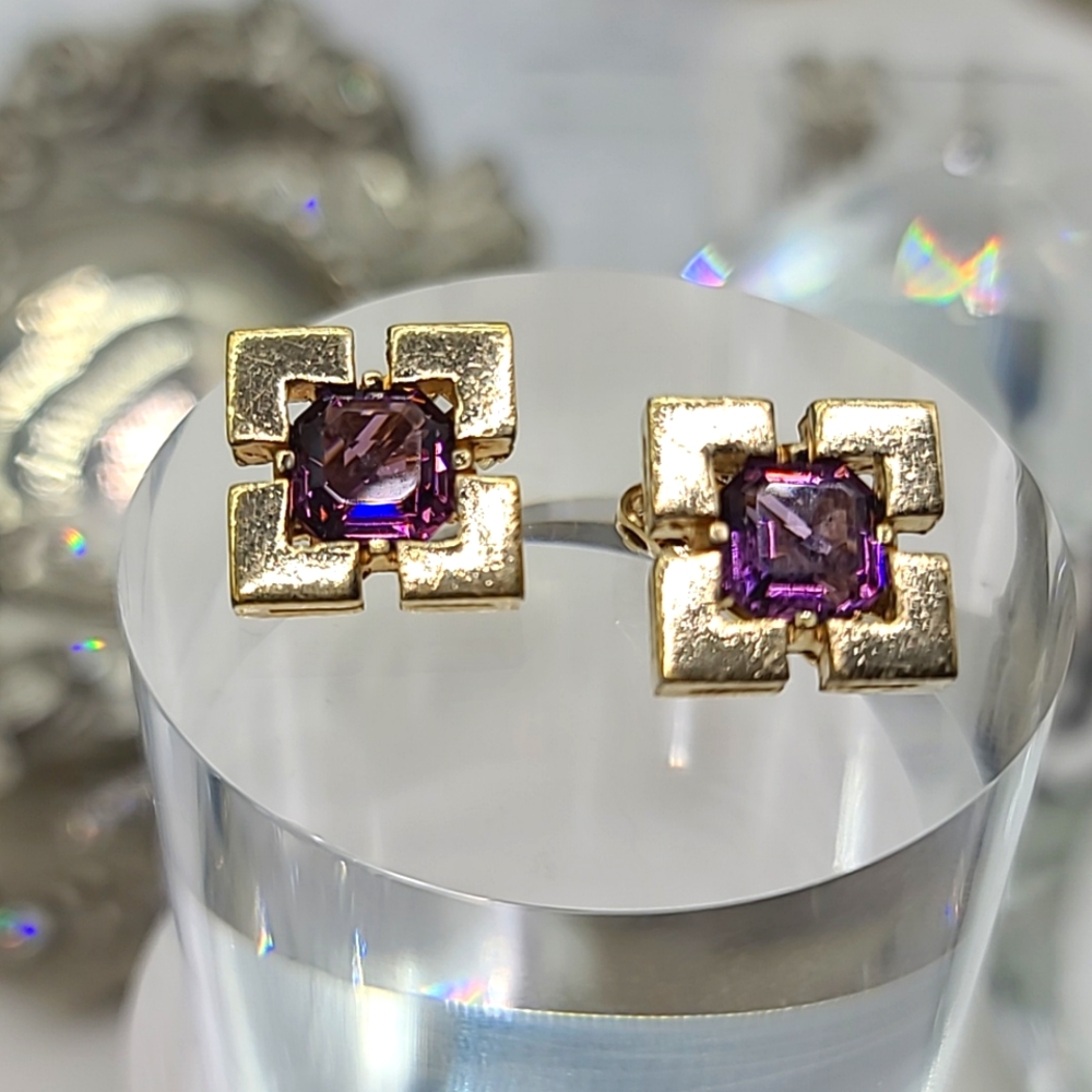 Circa 1950's PANETTA 18kt Gold Plated Square & Glass Amethyst Clip Earrings!